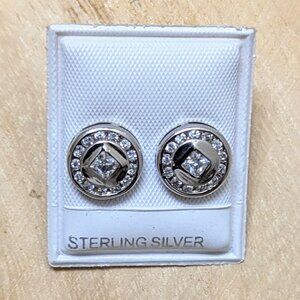 🆕925 STERLING SILVER ROUND CUBIC ZIRCONIA RHODIUM PLATED STUD EARRINGS - UNISEX